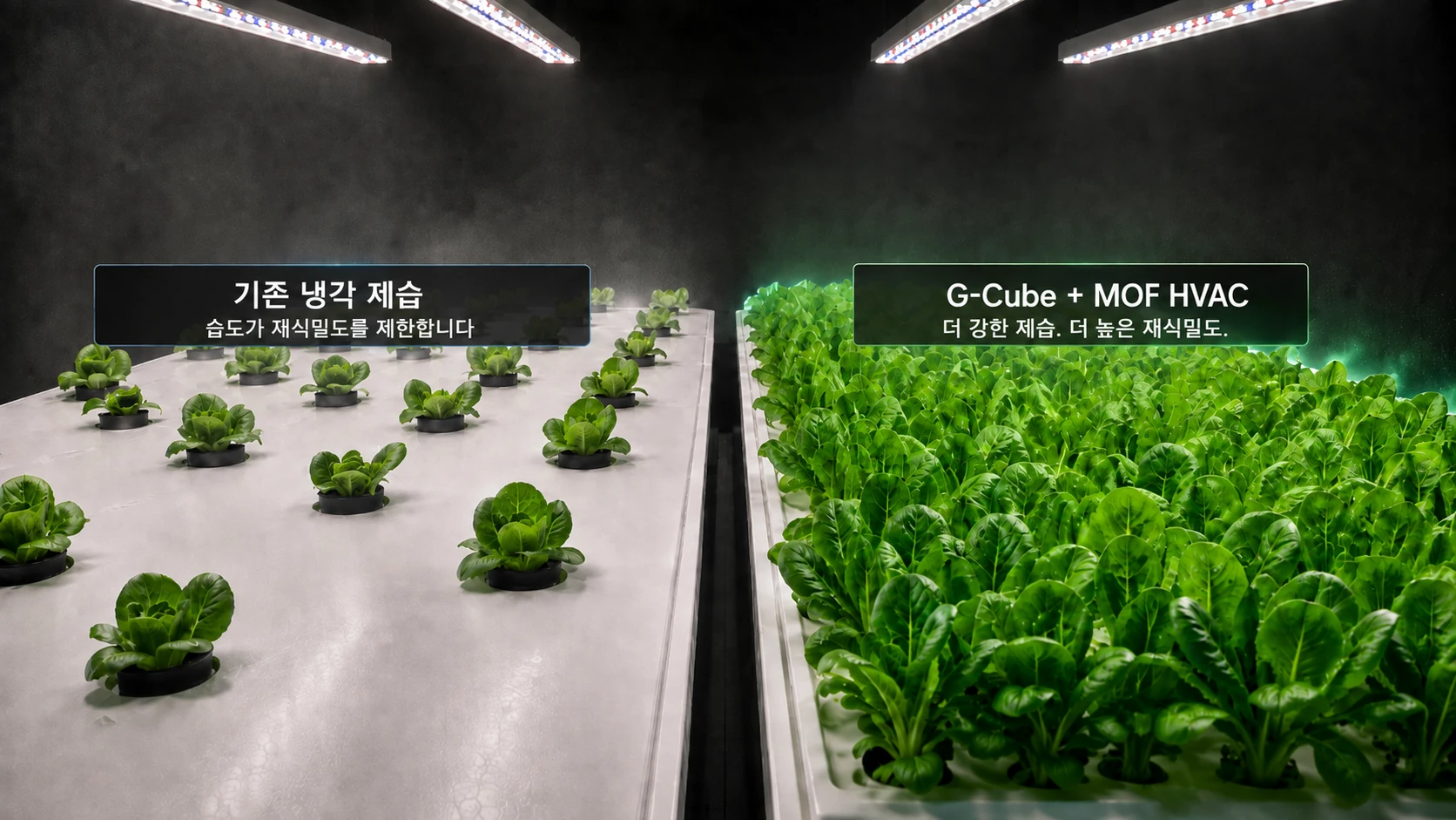 Conventional cooling vs G-Cube + MOF HVAC — humidity limits crop density