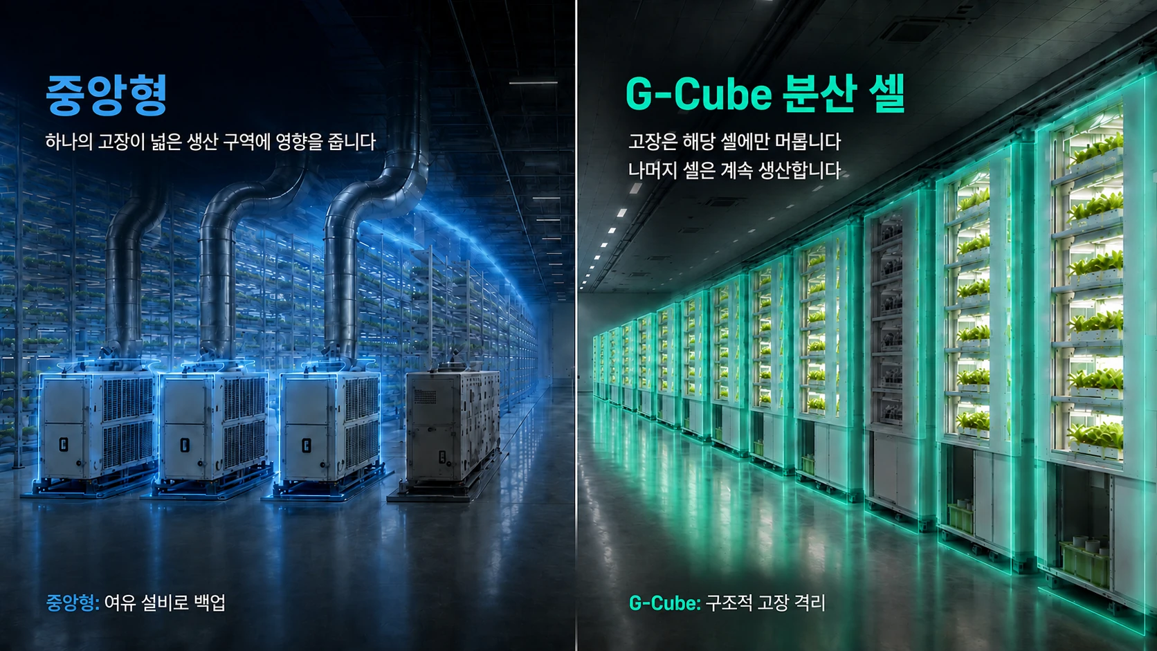 중앙형: 여유 설비로 백업 · G-Cube: 고장을 셀 단위로 격리