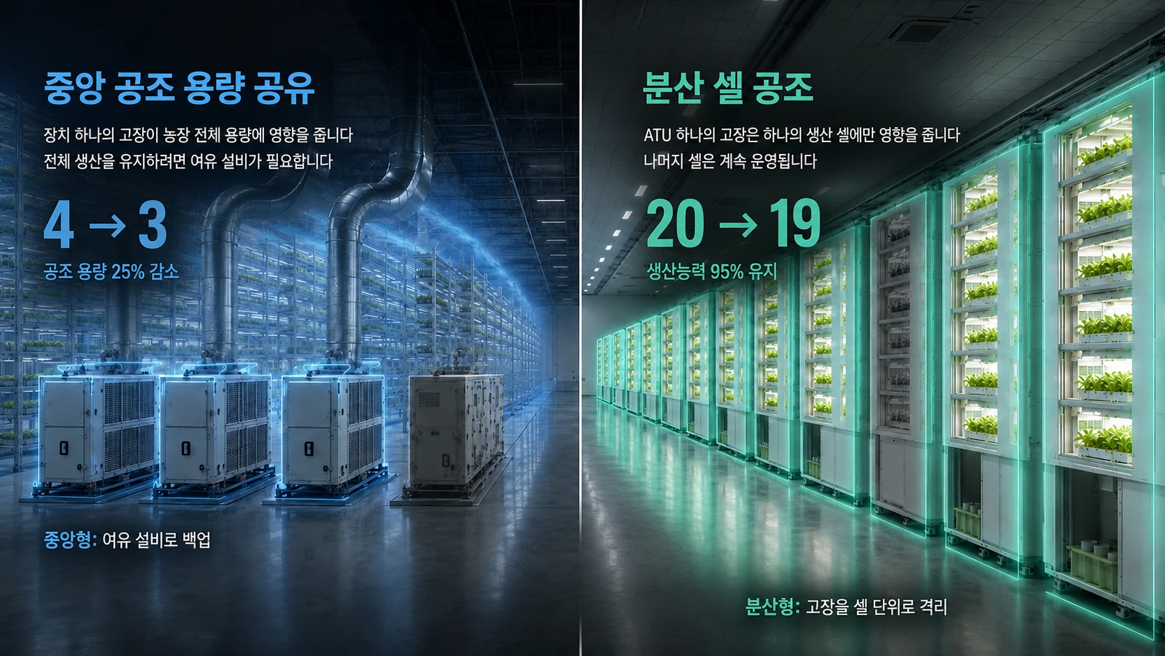 Centralized shared HVAC relies on spare capacity; G-Cube distributed cell HVAC isolates failure at the cell level